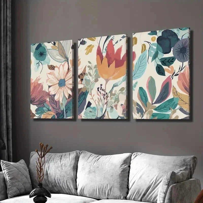 3pcs Boho Floral Vibrant Flowers & Leaves Wall Art Set Canvas Framed 60x90cm - High Quality Print 100% Australian Made Wall Canvas Ready to Hang