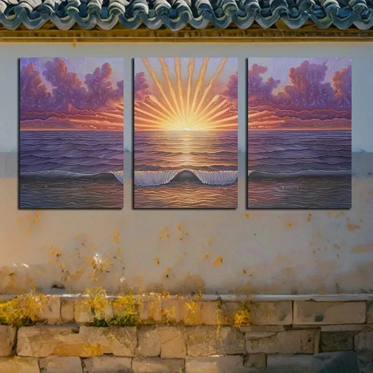 3pcs Vibrant Ocean Wave with Sunrise Illustration Metal Print Ready to Hang Art