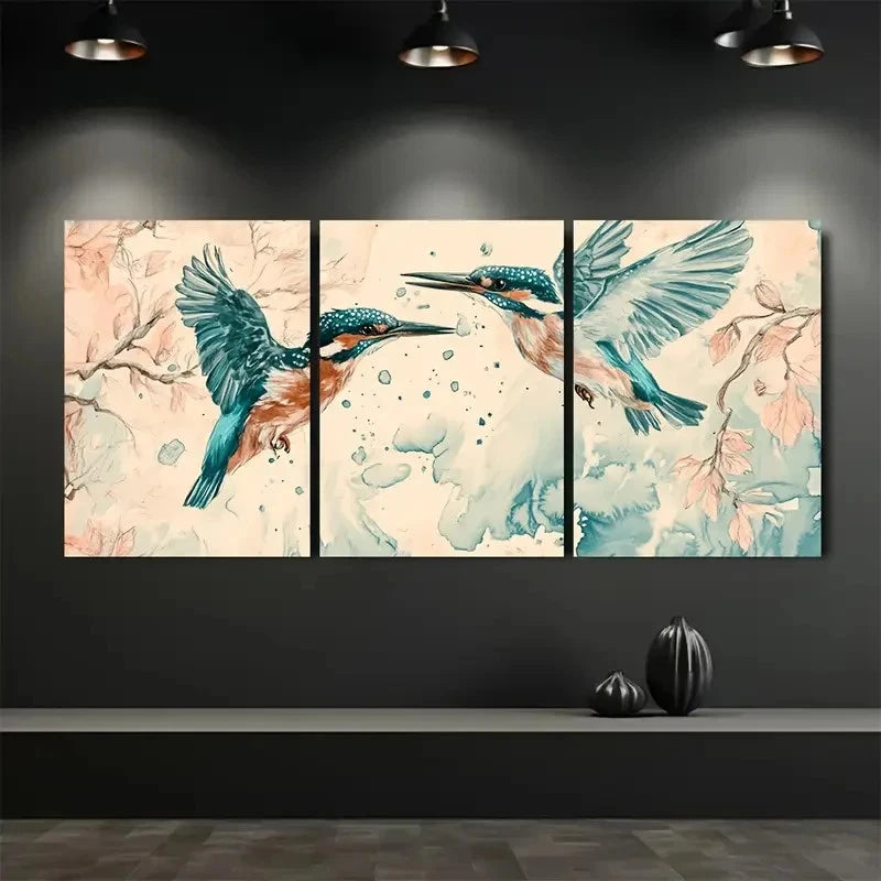 3pcs Vibrant Abstract Bird & Floral Painting Metal Print Ready to Hang Art