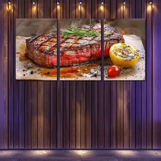 3pcs Steak Served on a Wooden Cutting Board Metal Print Ready to Hang Art