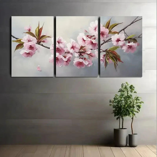 3pcs Cherry Blossom Branch with Pink Petals Metal Print Ready to Hang Art