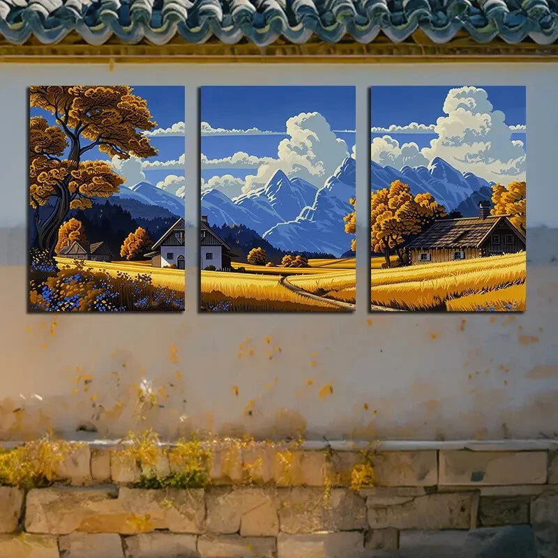 3pcs Villages Under The Mountains Metal Print Ready to Hang Art