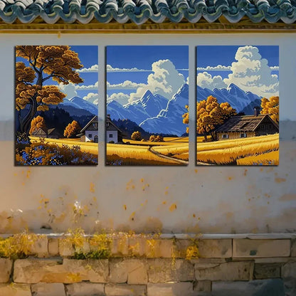 3pcs Villages Under The Mountains Metal Print Ready to Hang Art
