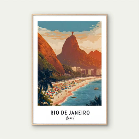 Rio De Janeiro Brazil Cityscape Map & Christ Travel Poster Print Wall Art