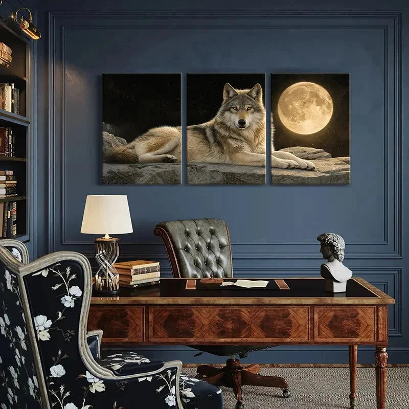 3pcs Moonlit Golden Eyes & Starry Night Sky Metal Print Ready to Hang Art