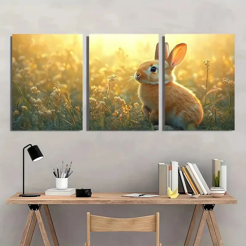 3pcs Rustic Bunny Rabbit & Wheat Field Design Metal Print Ready to Hang Art