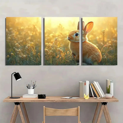 3pcs Rustic Bunny Rabbit & Wheat Field Design Metal Print Ready to Hang Art
