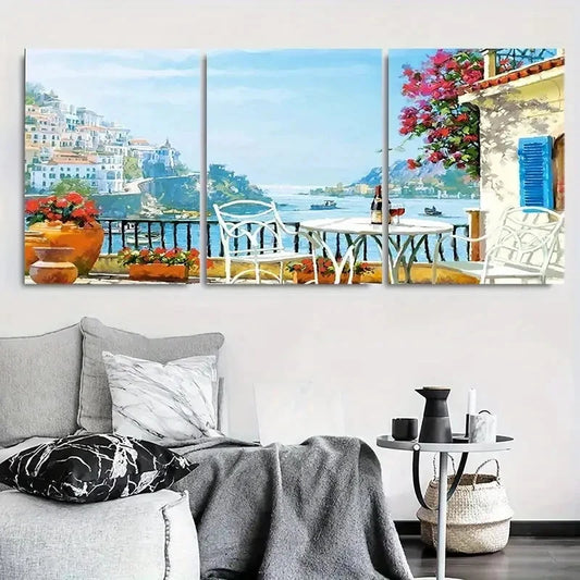 3pcs Vibrant Mediterranean Seaside Pink Flowers Metal Print Ready to Hang Art