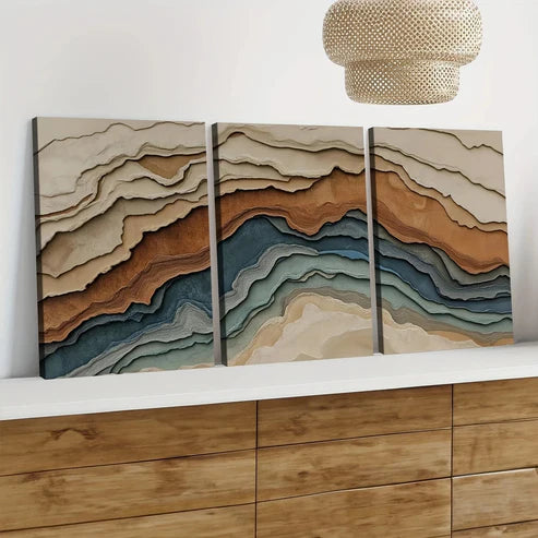 3pcs Abstract Earth Tones Blue Wave Brown Gray Art Set Canvas Unframed - High Quality Print 100% Australian Made Wall Canvas