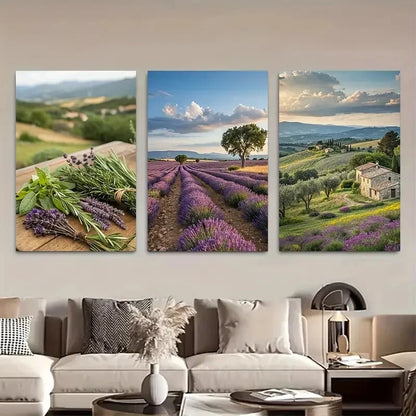 3pcs Scenic Lavender Fields in Provence Landscape Metal Print Ready to Hang Art