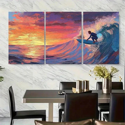 3pcs Neon Blue Water & Orange Sky Vibrant Sunset Metal Print Ready to Hang Art