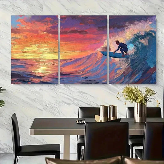 3pcs Neon Blue Water & Orange Sky Vibrant Sunset Metal Print Ready to Hang Art