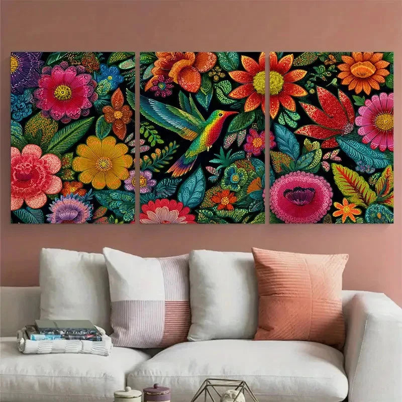 3pcs Angel Falls Venezuela Vintage Floral Design Wall Art Set Canvas Framed 60x90cm - High Quality Print 100% Australian Made Wall Canvas Ready to Hang