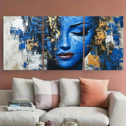 3pcs Modern Figurative Woman Face in Blue Klimt Wall Art Set Canvas Framed 50x70cm - High Quality Print 100% Australian Made Wall Canvas Ready to Hang