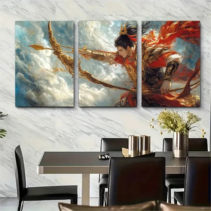 3pcs Chinese Mythology Golden Bow Wall Decor Metal Print Ready to Hang Art