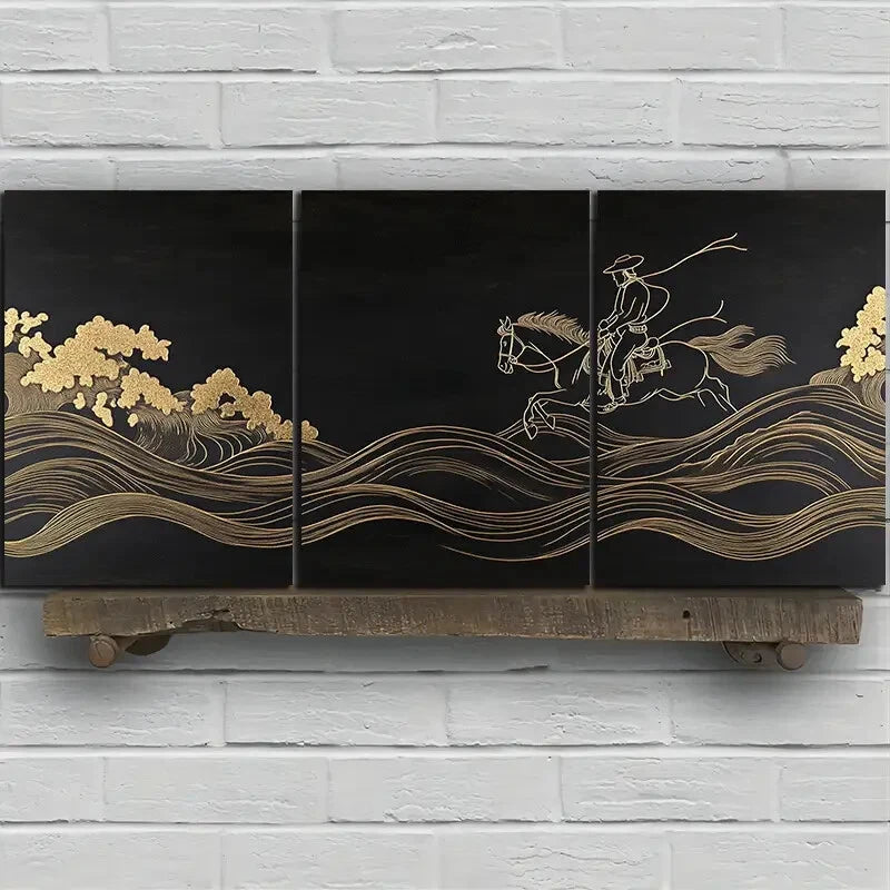 3pcs Man Riding a Horse Black & Golden Metal Print Ready to Hang Art