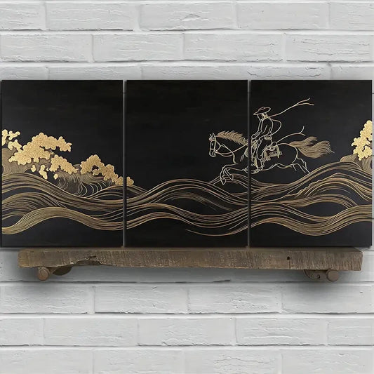 3pcs Man Riding a Horse Black & Golden Metal Print Ready to Hang Art