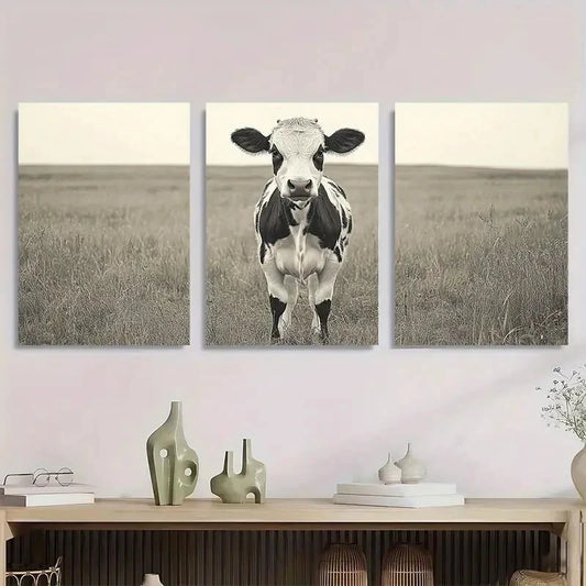 3pcs Black and White Cow Modern Farmhouse Style Metal Print Ready to Hang Art