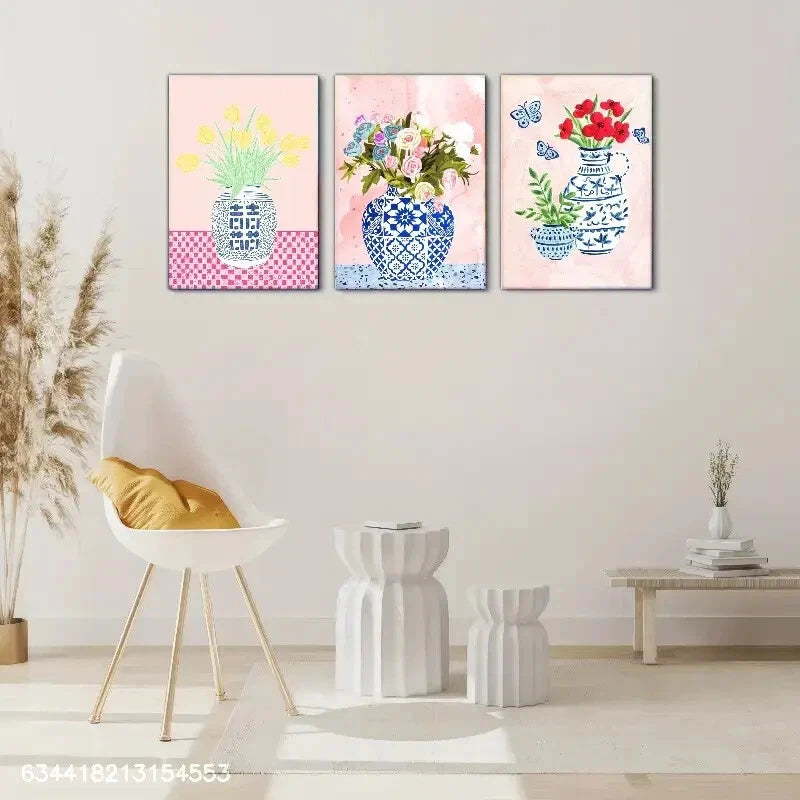 3pcs Flowers and Blue and White Porcelain Vase Metal Print Ready to Hang Art