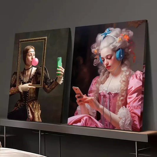 2pcs Painting, Funny Renaissance, Baroque Style, Vintage Female Canvas Framed 50x75cm - High Quality Print 100% Australian Made Wall Canvas Ready to Hang