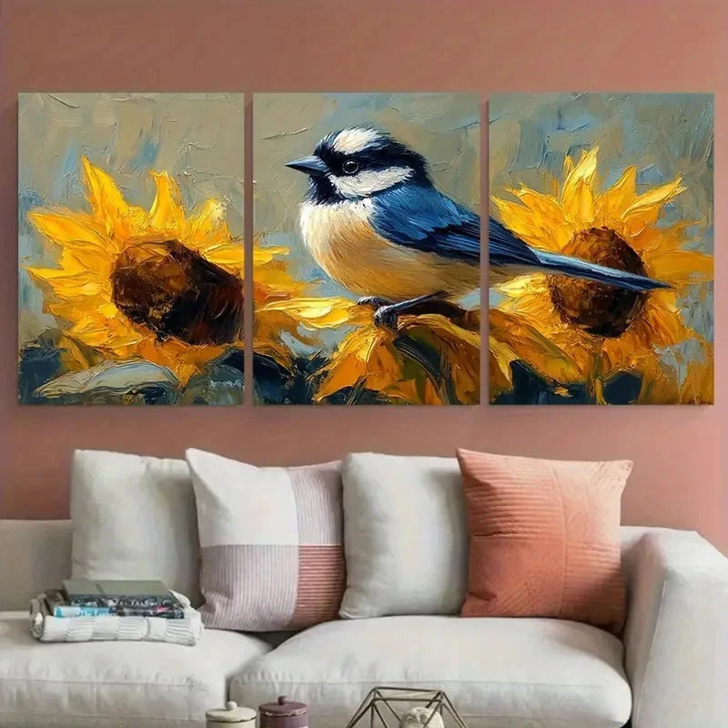 3pcs Vibrant Chickadee Sunflowers Floral Metal Print Ready to Hang Art
