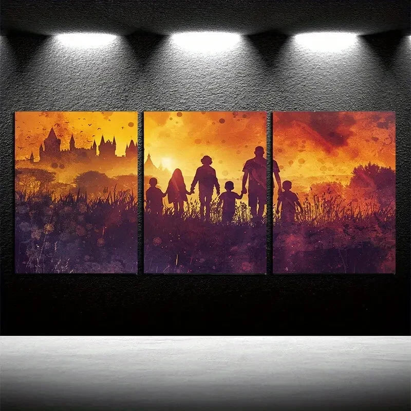 3pcs Girls and Boys Silhouetted Against The Sunset Metal Print Ready to Hang Art