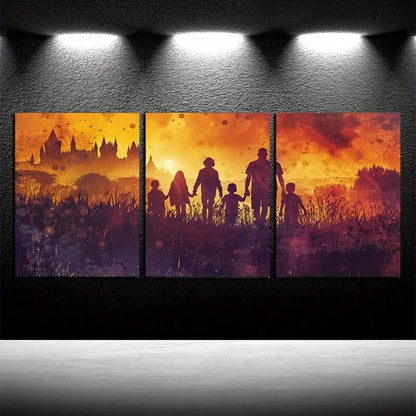 3pcs Girls and Boys Silhouetted Against The Sunset Metal Print Ready to Hang Art