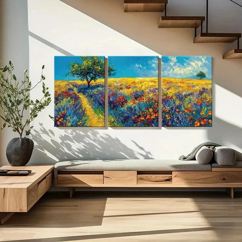 3pcs Colorful Flowers Tree Blue Sky & Clouds Metal Print Ready to Hang Art