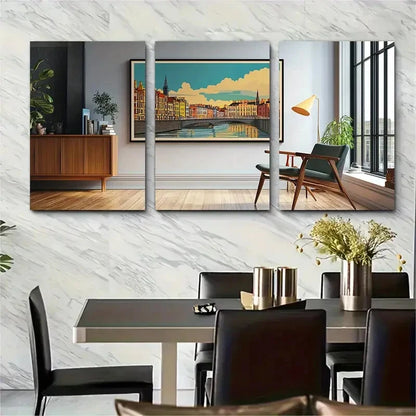 3pcs Panels Vibrant Dublin Canal Scene Metal Print Ready to Hang Art