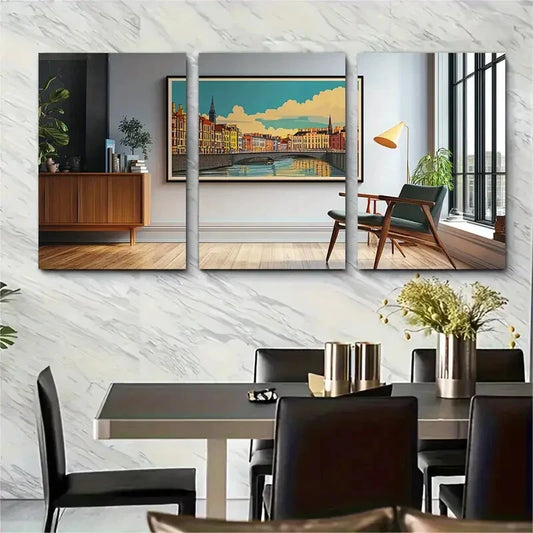 3pcs Panels Vibrant Dublin Canal Scene Metal Print Ready to Hang Art