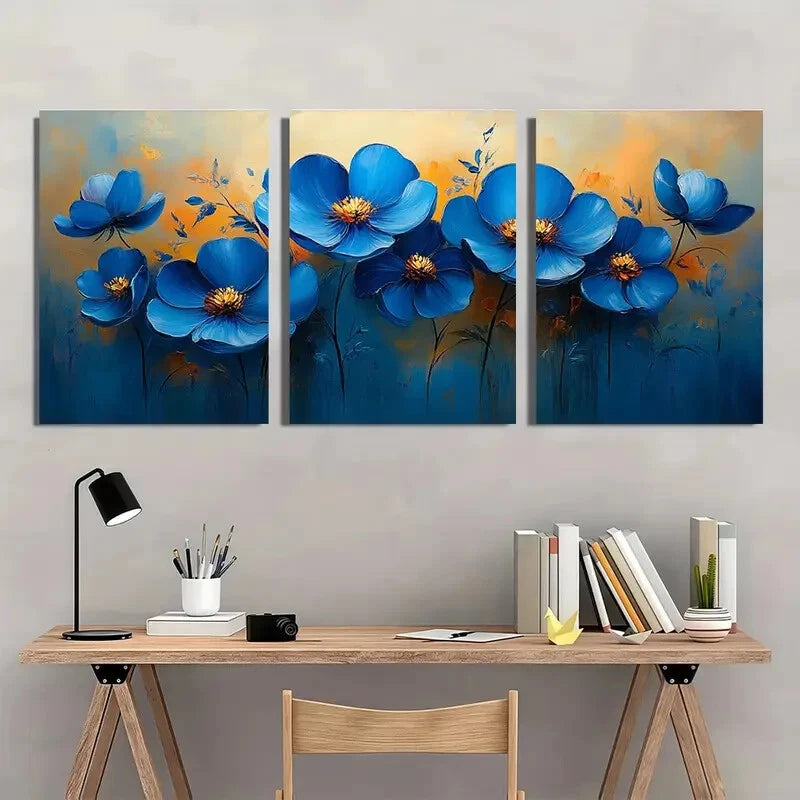 3pcs Original Blue Floral Oil Painting Metal Print Ready to Hang Art