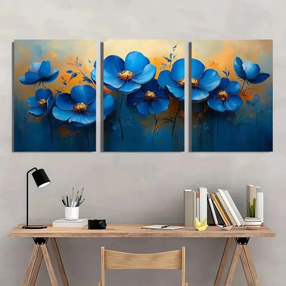 3pcs Original Blue Floral Oil Painting Metal Print Ready to Hang Art