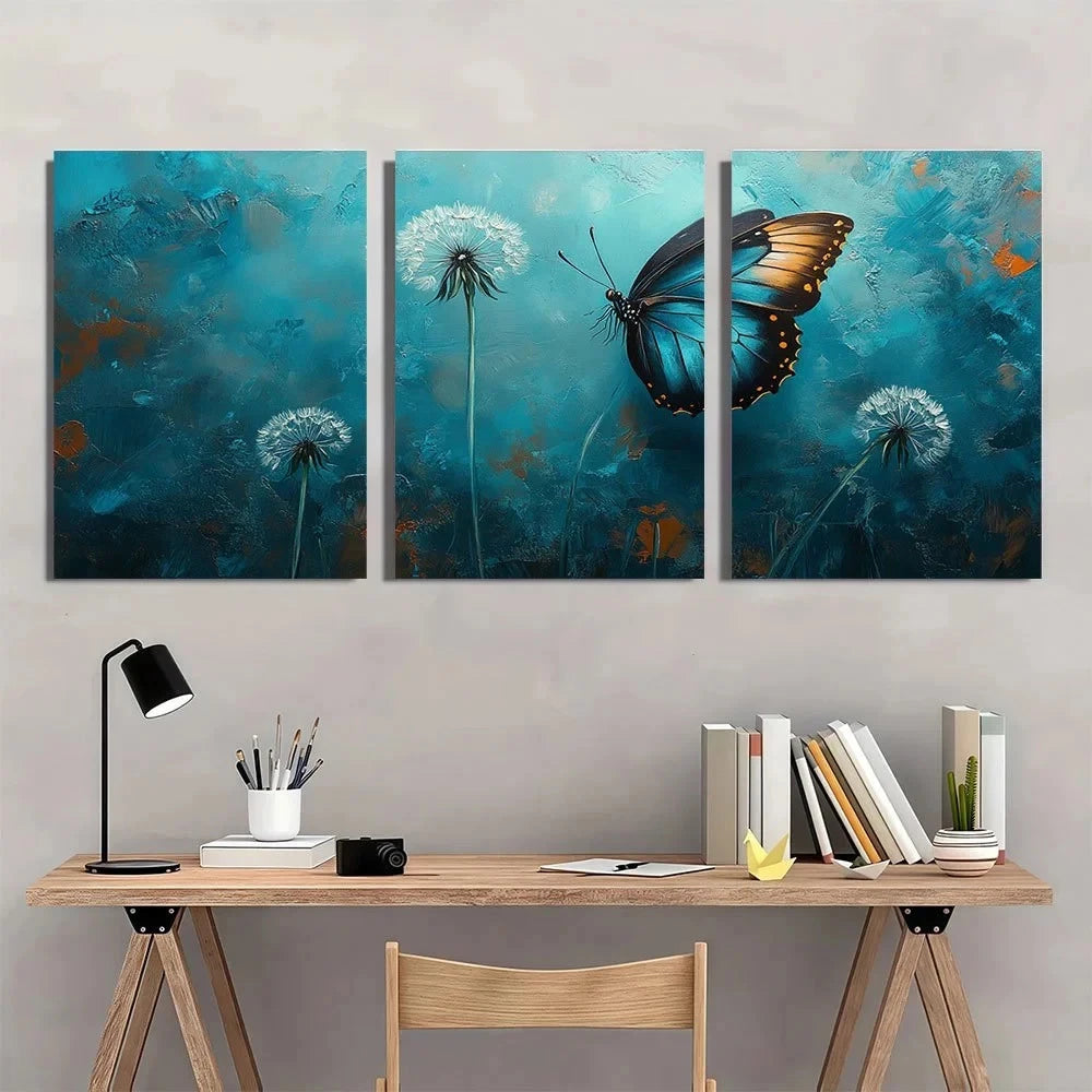 3pcs Gray Dandelion with Butterfly Modern Abstract Metal Print Ready to Hang Art
