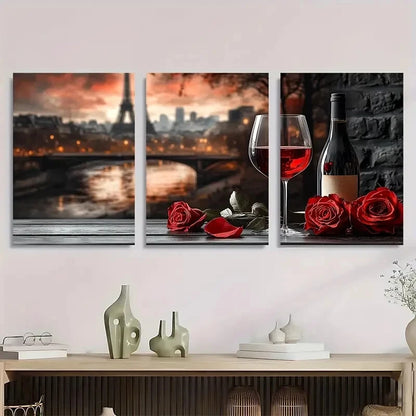 3pcs Vintage Red Wine & Red Rose Metal Print Ready to Hang Art