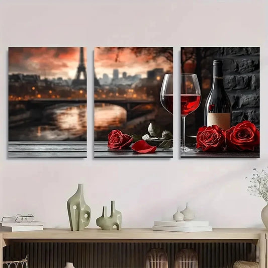 3pcs Vintage Red Wine & Red Rose Metal Print Ready to Hang Art