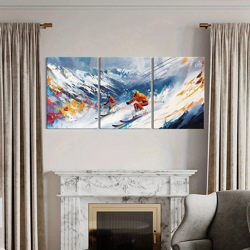 3pcs Snowy Peaks Skiers Vibrant Color Winter Metal Print Ready to Hang Art