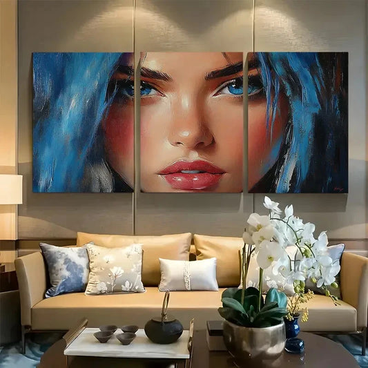 3pcs Vibrant Abstract Woman with Blue Hair Metal Print Ready to Hang Art