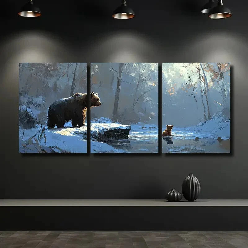 3pcs Rustic Bear and Cub Ice Floe Scene Metal Print Ready to Hang Art