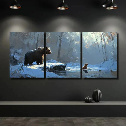 3pcs Rustic Bear and Cub Ice Floe Scene Metal Print Ready to Hang Art
