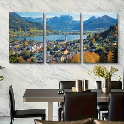 3pcs Scenic Austrian Lake & Mountain Metal Print Ready to Hang Art