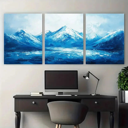 3pcs Serene Blue Mountain Impasto Textured Metal Print Ready to Hang Art