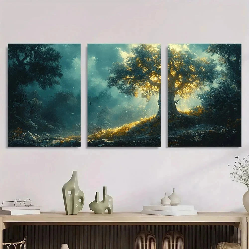 3pcs Fantasy Forest Green Themed Metal Print Ready to Hang Art