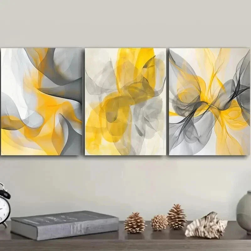 3pcs Abstract Shapes In Yellow And Gray Wall Art Set Canvas Framed 40x60cm - High Quality Print 100% Australian Made Wall Canvas Ready to Hang