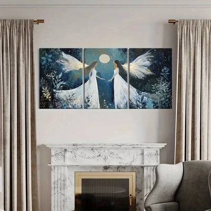 3pcs Angelic Figures White Wings Moonlight Metal Print Ready to Hang Art