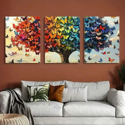 3pcs Butterfly Tree Contemporary Vibrant Metal Print Ready to Hang Art