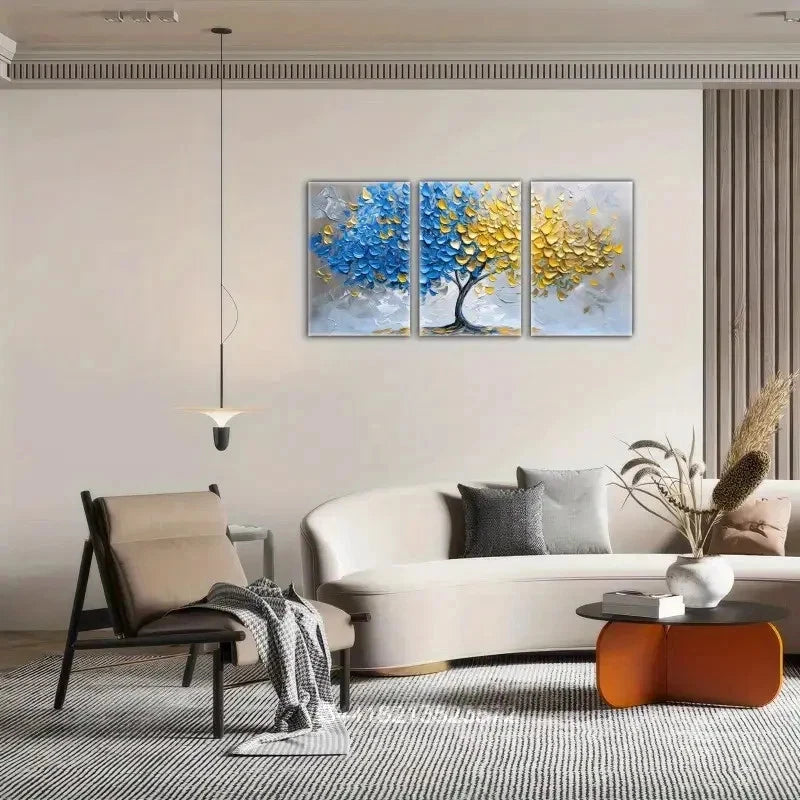 3pcs Blue and Yellow Tree Art Print Metal Print Ready to Hang Art