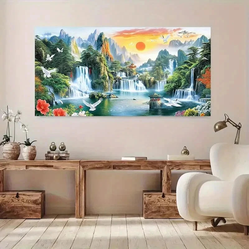 Vibrant Mountain Waterfall wall canvas office home room framed 120x60cm - Bella Home Decor