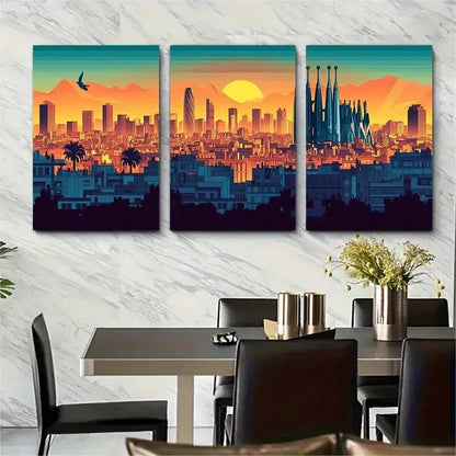3pcs Vibrant Sunset Cityscape with Sagrada Metal Print Ready to Hang Art