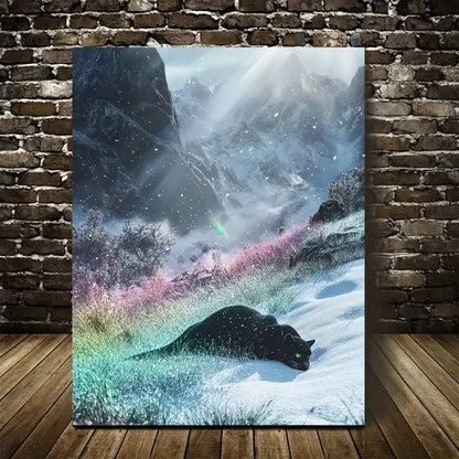 Dreamlike Panther on Snowy Mountain Scene Painting 40x60cm Metal Print Ready to Hang