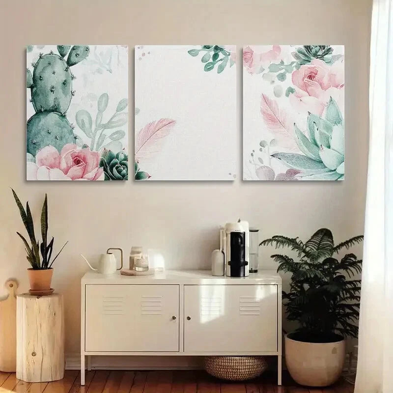 3pcs Watercolor Cactus Canvas Painting Metal Print Ready to Hang Art